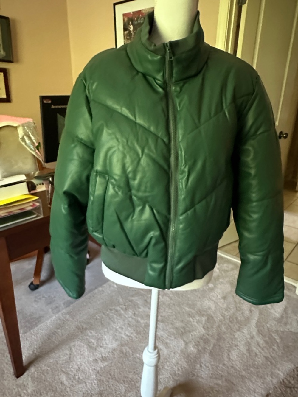 Green Quilted Puffer Jacket with Stand Collar